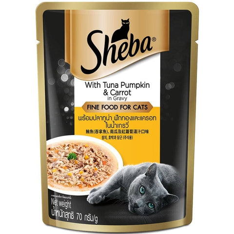 Me-O Delite Tuna with Bonito in Jelly and Sheba Tuna Pumpkin & Carrot In Gravy Rich Premium Adult Fine Cat Wet Food Combo