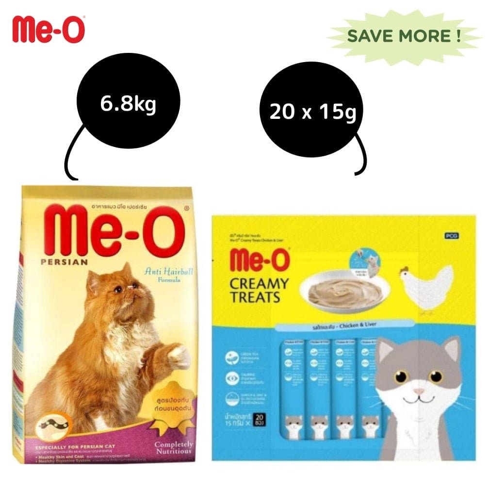Me-O Creamy Chicken & Liver Cat Treat and Adult Persian Dry Cat Food Combo