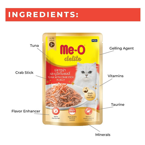Me-O Delite Tuna with Crab Sticks in Jelly and Purina Felix Salmon with Jelly Adult Cat Wet Food Combo (12+12)