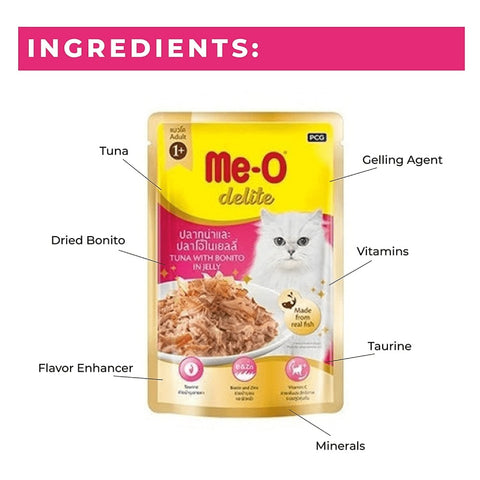 Me-O Delite Tuna with Bonito in Jelly and Sheba Tuna Pumpkin & Carrot In Gravy Rich Premium Adult Fine Cat Wet Food Combo