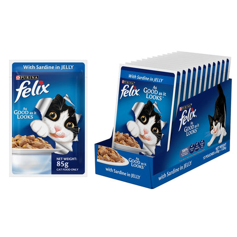 Me-O Delite Tuna with Bonito in Jelly and Purina Felix Sardine with Jelly Adult Cat Wet Food Combo (12+12)