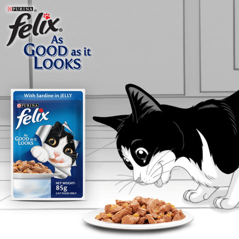 Me-O Delite Tuna with Bonito in Jelly and Purina Felix Sardine with Jelly Adult Cat Wet Food Combo (12+12)