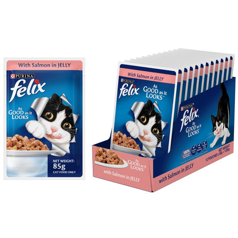 Me-O Delite Tuna with Crab Sticks in Jelly and Purina Felix Salmon with Jelly Adult Cat Wet Food Combo (12+12)
