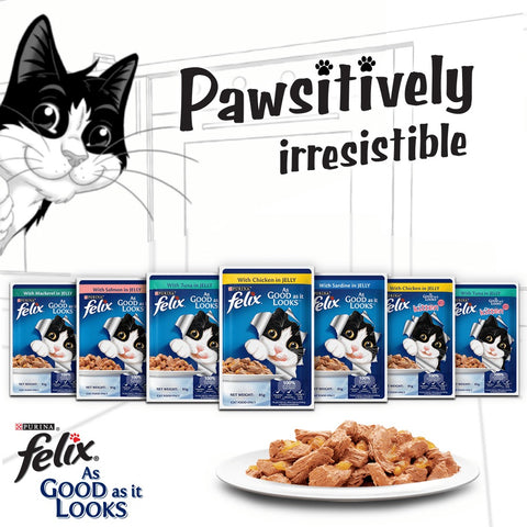 Me-O Delite Tuna with Crab Sticks in Jelly and Purina Felix Salmon with Jelly Adult Cat Wet Food Combo (12+12)