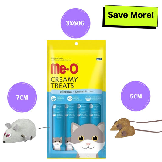 Me-O Creamy Chicken & Liver Cat Treats, Trixie Wind Up Mouse Toy and Set of Catnip Mice for Cats Combo